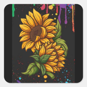 Adesivo Quadrado Arte de desenho de girassóis, flores de sol, amor