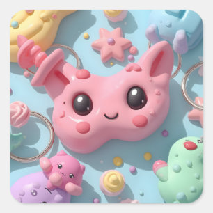 Adesivo Quadrado Arte de Fantasia de Criatura Kawaii Pastel