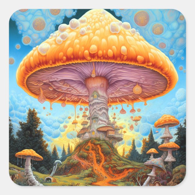 Adesivo Quadrado Arte de Fantasia Surreal na Paisagem de Mushroom (Frente)