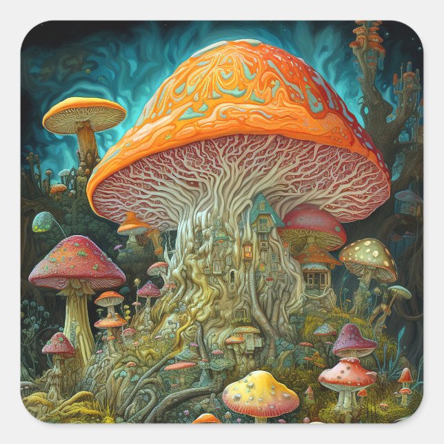 Adesivo Quadrado Arte de Fantasia Surreal na Paisagem de Mushroom (Frente)
