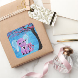 Adesivo Quadrado Arte de Flor de Cerejeira com Elefante Rosa e Gato