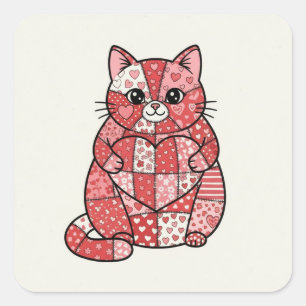 Adesivo Quadrado Arte de Gatinho Caprichoso em Patchwork Segurando