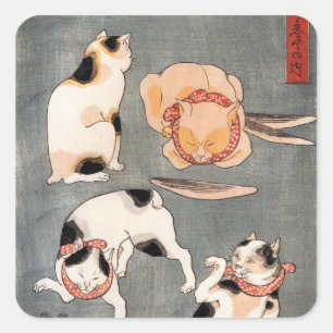 Adesivo Quadrado Arte de Gato Japonês Vintage