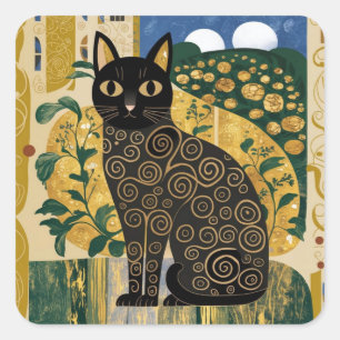 Adesivo Quadrado Arte de Gato Preto Decorativo Dourado no Estilo Gu