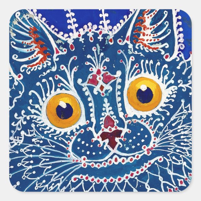 Adesivo Quadrado Arte de Gato Psicodélico Azul de Louis Wain (Frente)