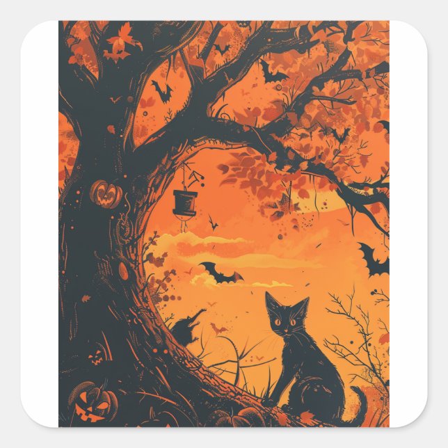 Adesivo Quadrado Arte de gatos nas Halloween (Frente)