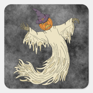 Adesivo Quadrado Arte de Halloween do Fantasma de Cabeça de Abóbora
