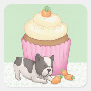 Adesivo Quadrado Arte de Ilustração de Bulldog e Cupcakes Bonitos