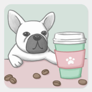 Adesivo Quadrado Arte de Ilustração de Cachorro, Taça e Café