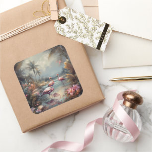 Adesivo Quadrado Arte de Lagoa Tropical de Flamingo Rosa Exótico