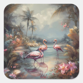 Adesivo Quadrado Arte de Lagoa Tropical de Flamingo Rosa Exótico