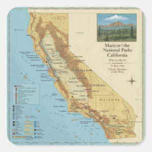 Adesivo Quadrado Arte de Mapa Antigo dos Parques Nacionais da Calif