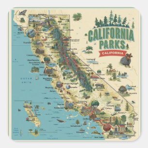 Adesivo Quadrado Arte de Mapa Ilustrado dos Parques da Califórnia V