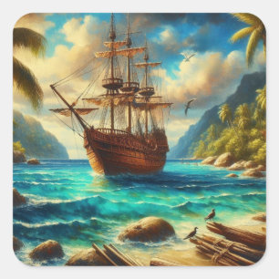 Adesivo Quadrado Arte de navio de Caribe/praia tropical