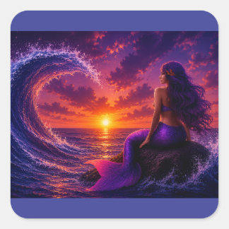 Adesivo Quadrado Arte de Oceano do Pôr do Sol Fantasia Onda da Sere