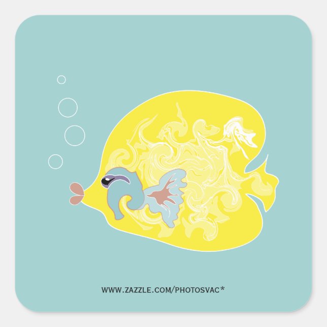 Adesivo Quadrado Arte de Peixes Tropicais Caprichosos do Oceano (Frente)