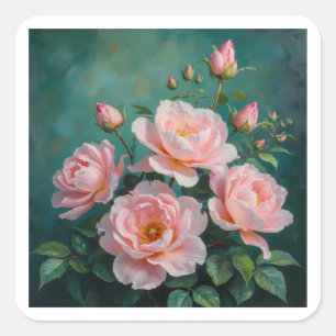 Adesivo Quadrado Arte de Peônias Rosa em Verde Esmeralda