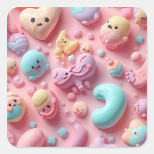 Adesivo Quadrado Arte de Personagem de Doce Kawaii Pastel