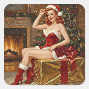Adesivo Quadrado Arte de Pin-up Papais noeis de Vintage