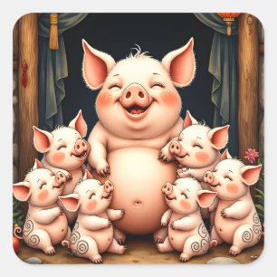 Adesivo Quadrado Arte de Porco – Mãe e Leitões