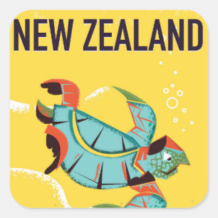 Adesivo Quadrado Arte de poster de tartaruga do mar da Nova Zelândi