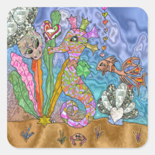 Adesivo Quadrado Arte de Tartaruga Marinha Cavalo-Marinho Psicodéli