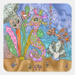 Adesivo Quadrado Arte de Tartaruga Marinha Cavalo-Marinho Psicodéli