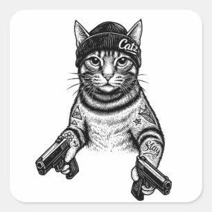 Adesivo Quadrado Arte de Tatuagem de Gato Gangster Kitty Legal de