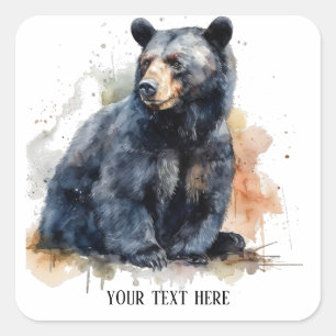 Adesivo Quadrado Arte de Urso Negro em Aquarela na Floresta, person