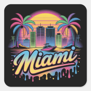 Adesivo Quadrado Arte de Viagem Vaporwave Colorido Retro de Miami