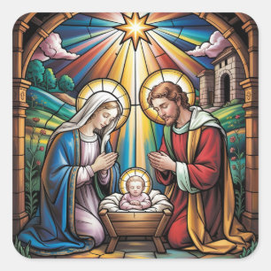 Adesivo Quadrado Arte de Vitral da Natividade – Natal da Sagrada Fa
