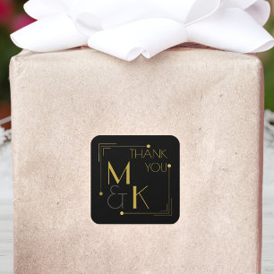 Adesivo Quadrado Arte Deco Casamento Preto Dourado Obrigado Sticker