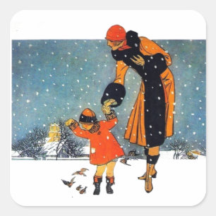 Adesivo Quadrado Arte Deco Vintage de Inverno Mãe e Filho na Neve