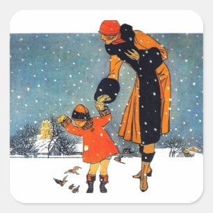 Adesivo Quadrado Arte Deco Vintage de Inverno Mãe e Filho na Neve