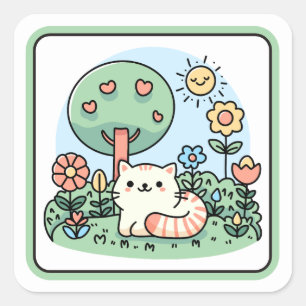 Adesivo Quadrado Arte Desenhada de um Gatinho Fofo em um Jardim