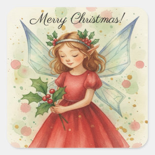 Adesivo Quadrado Arte em Aquarela de Fada de Natal