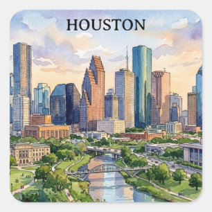 Adesivo Quadrado Arte em Aquarela Retro Houston Texas