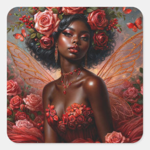 Adesivo Quadrado Arte Fada Negra com Rosas vermelhas
