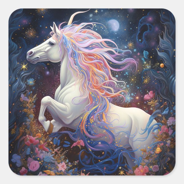 Adesivo Quadrado Arte Fantástica de Cavalo Branco Magia (Frente)