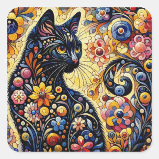 Adesivo Quadrado Arte Floral Abstrato de Gato Negro