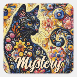 Adesivo Quadrado Arte Floral Abstrato de Gato Negro