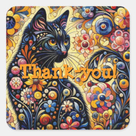 Adesivo Quadrado Arte Floral Abstrato de Gato Negro