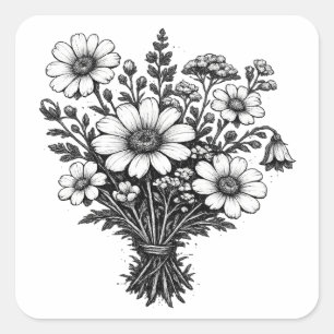 Adesivo Quadrado Arte floral botânica linocut de flores silvestres