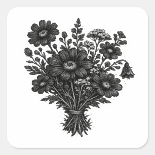 Adesivo Quadrado Arte floral botânica linoleogravura de flores silv