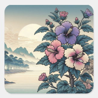 Adesivo Quadrado Arte Floral Japonês Vintage Hibisco Quadrado