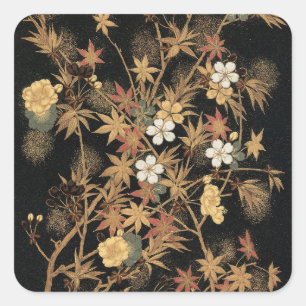 Adesivo Quadrado Arte Floral Outonal em Preto e Dourado Japonês Vin