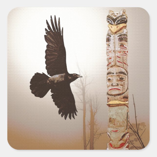 Adesivo Quadrado Arte Flying Raven & Totem-Pole Fantasy (Frente)