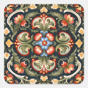 Adesivo Quadrado Arte Folclórica Decorativa Norueguesa Rosemaling