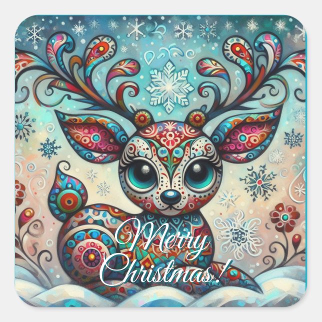 Adesivo Quadrado Arte Foliar de Natal Whimsical Big Eyes (Frente)