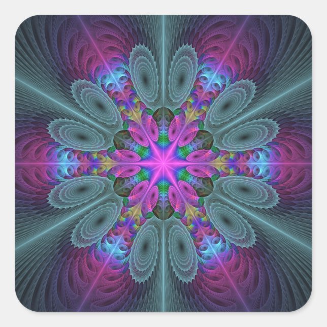 Adesivo Quadrado Arte Fractal Espiritual Colorida Mandala Com Rosa (Frente)